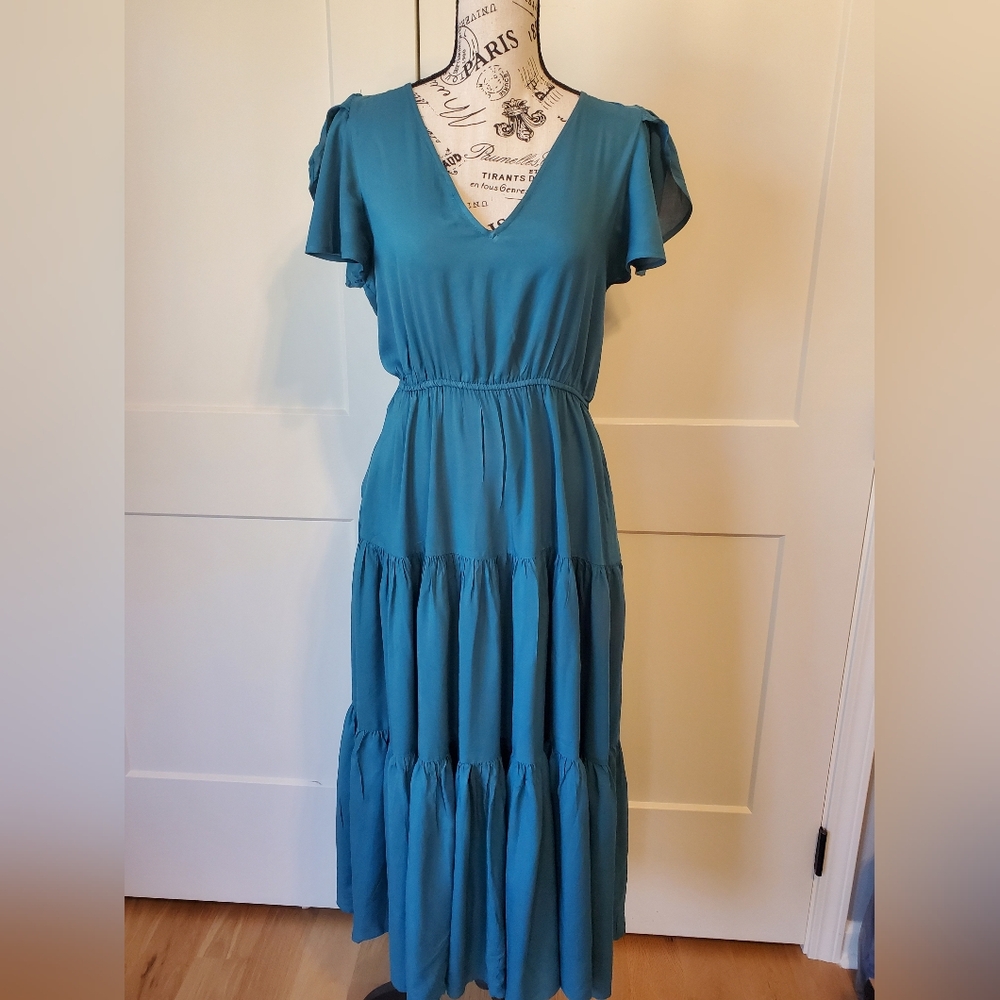 Teal V-Neck Tiered Midi Dress-NWT